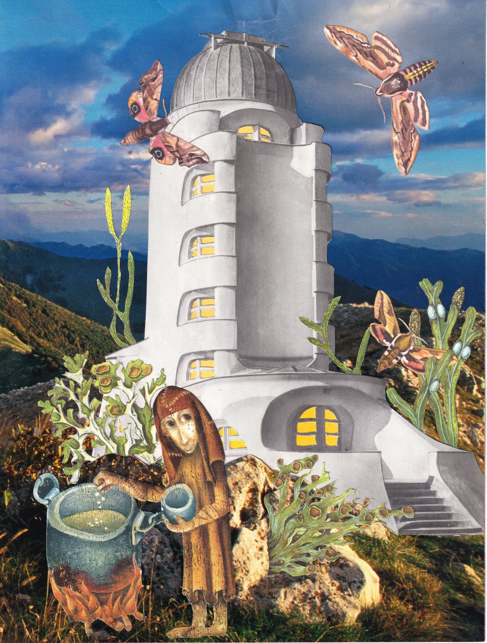 Original "Einsteinturm" - Surreal Vintage Observatory Tower Fantasy Landscape Collage gerahmt
