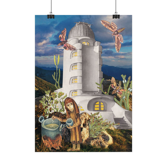 Surreal Observatory Tower Poster | Girl, Moths, Desert Plants, Fantasy Landscape