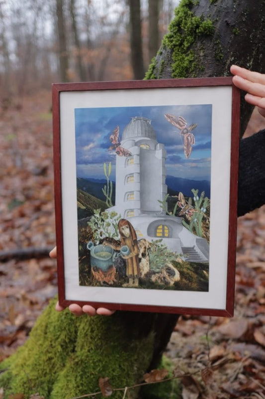 Original "Einsteinturm" - Surreal Vintage Observatory Tower Fantasy Landscape Collage gerahmt