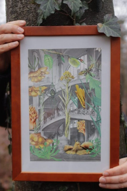 Original "Natur und Art Deco" - Vintage Collage Natur, Art Deco Architektur gerahmt